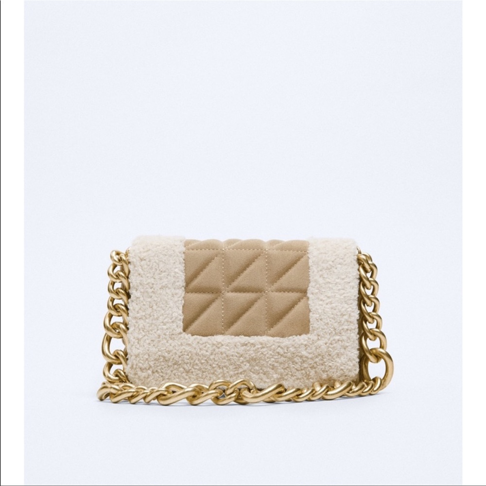 Zara Beige Quilted Split Leather Fleece Handbag